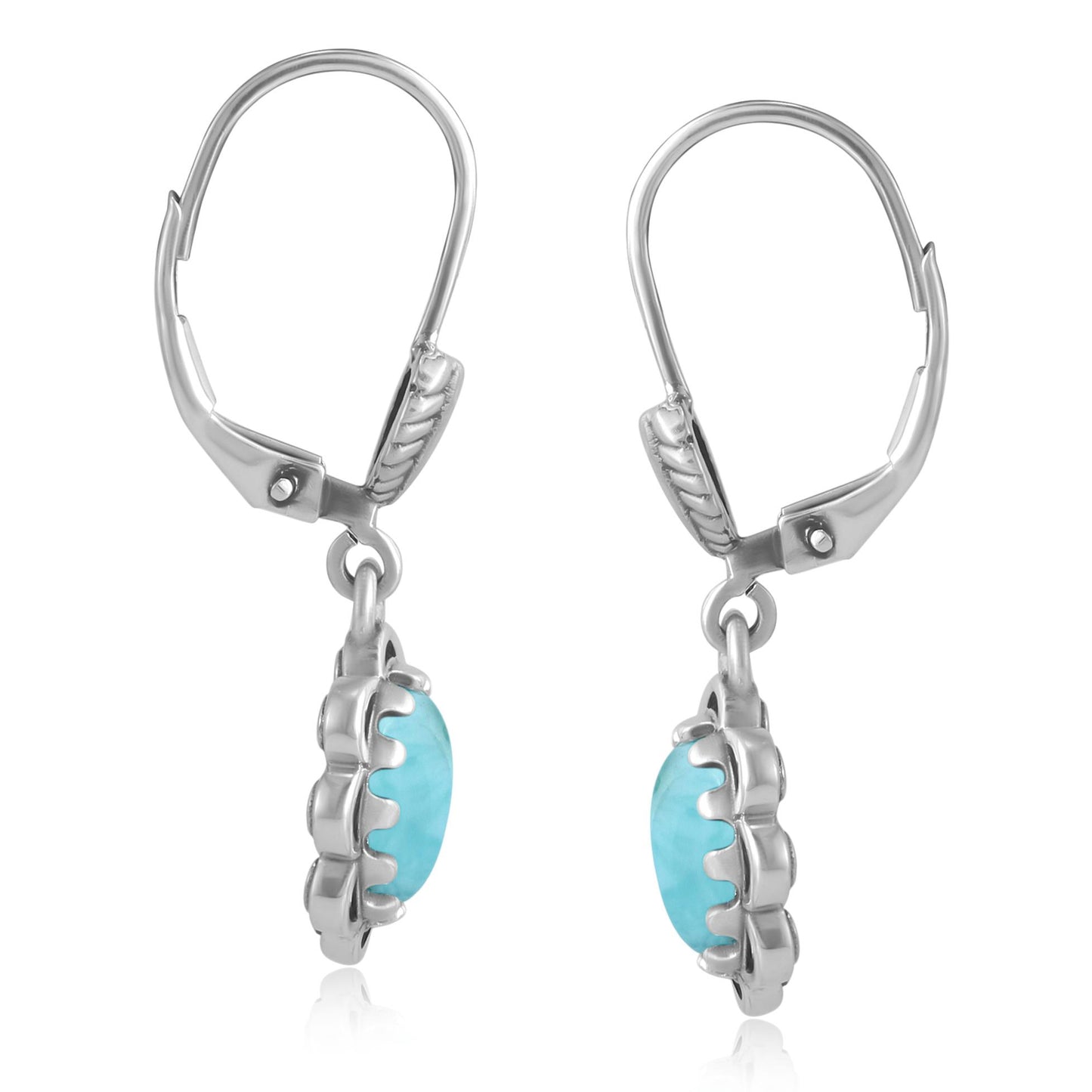 Sterling Silver Larimar Concha Lever Back Dangle Earrings
