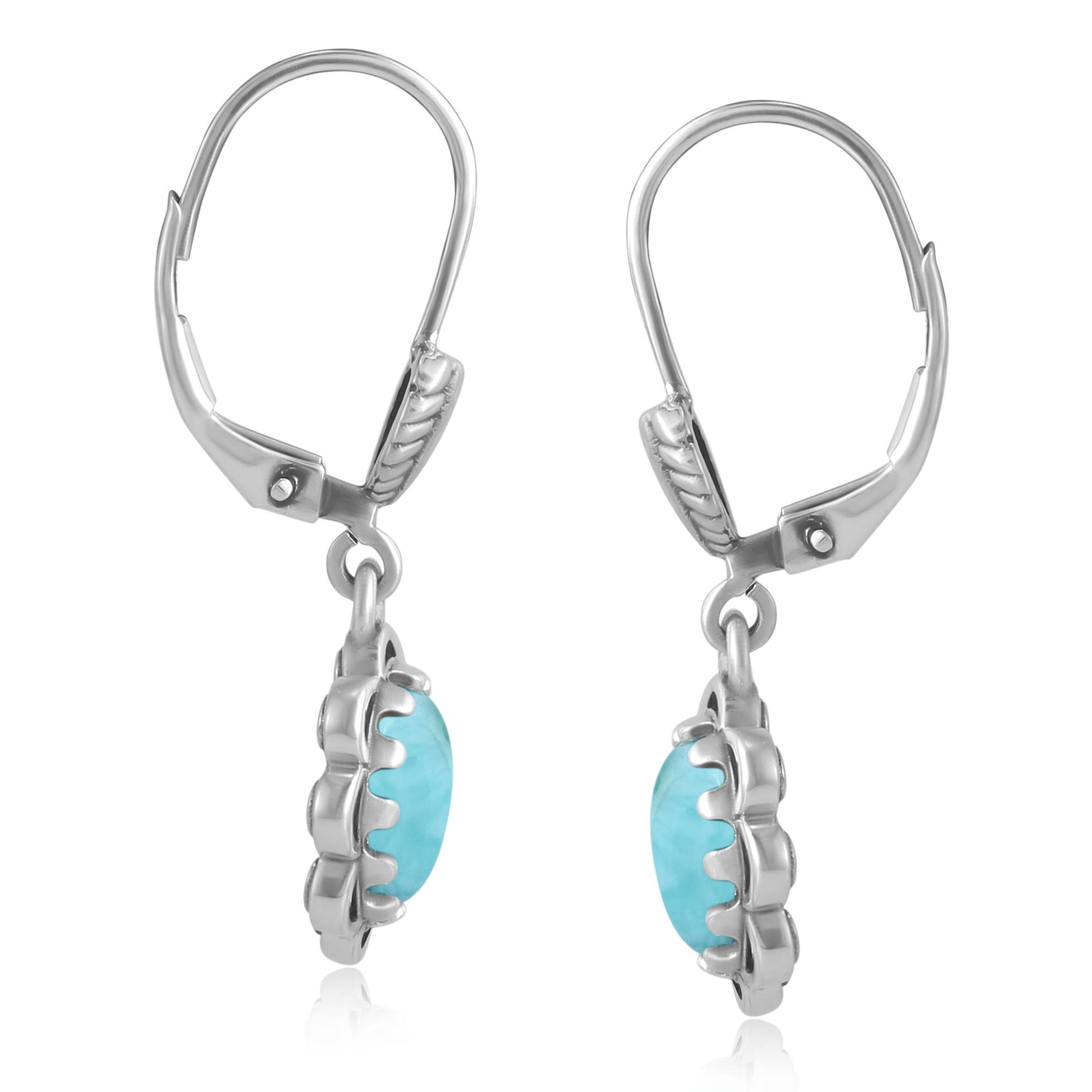 Sterling Silver Larimar Concha Lever Back Dangle Earrings