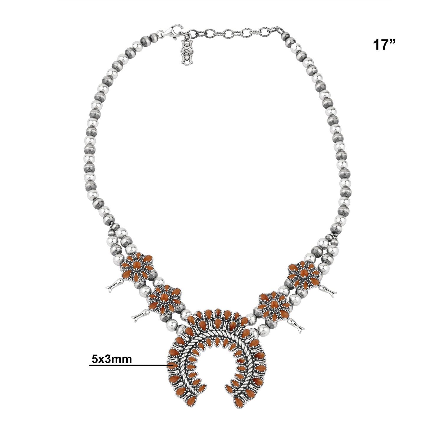  Sterling Silver Orange Spiny Oyster Petit Point Naja Squash Blossom Necklace