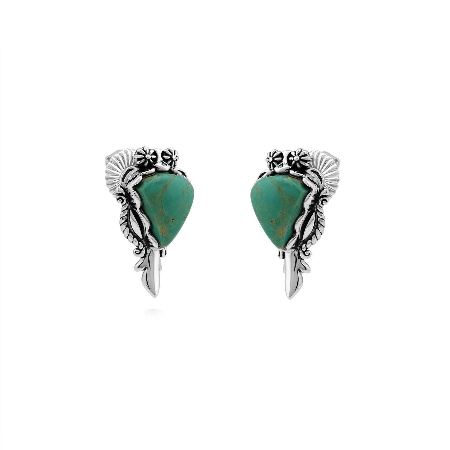Sterling Silver Green Turquoise Pear Gemstone Squash Blossom Earrings 