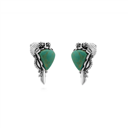 Sterling Silver Green Turquoise Pear Gemstone Squash Blossom Earrings 