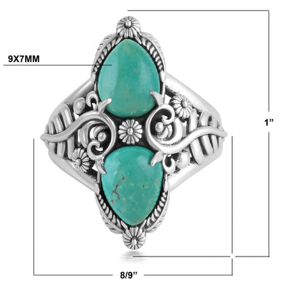 Sterling Silver Green Turquoise Double-Pear Ring, Sizes 5 to 11