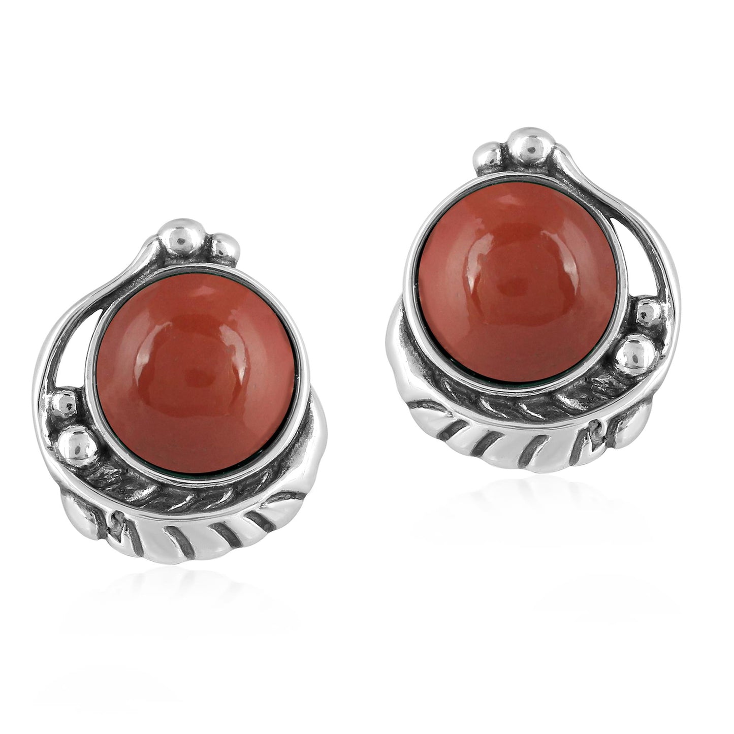 Sterling Silver Red Jasper Gemstone Leaf Design Button Earrings