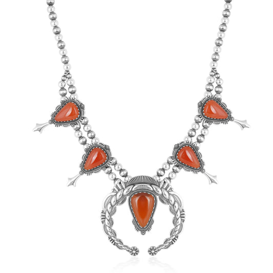 Sterling Silver Red Onyx Soft Triangle Squash Blossom Naja Necklace