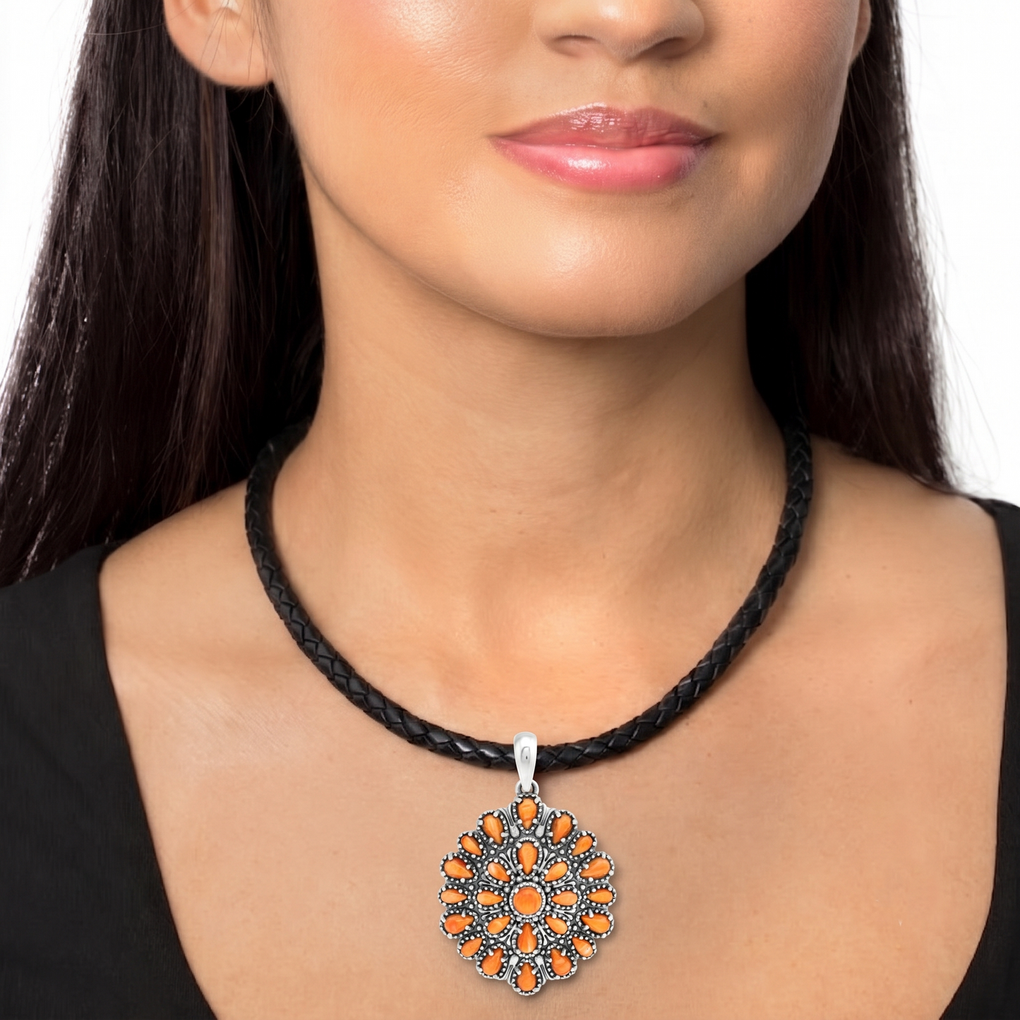 Sterling Silver Orange Spiny Oyster Petit Point Round Pendant Enhancer