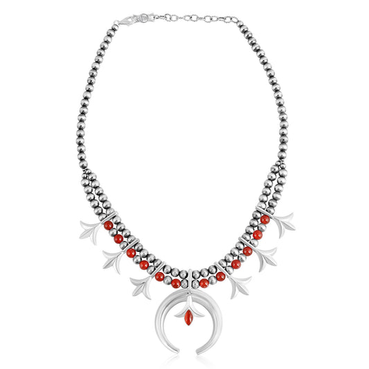 Sterling Silver Red Onyx and Red Agate Bead Squash Blossom Necklace