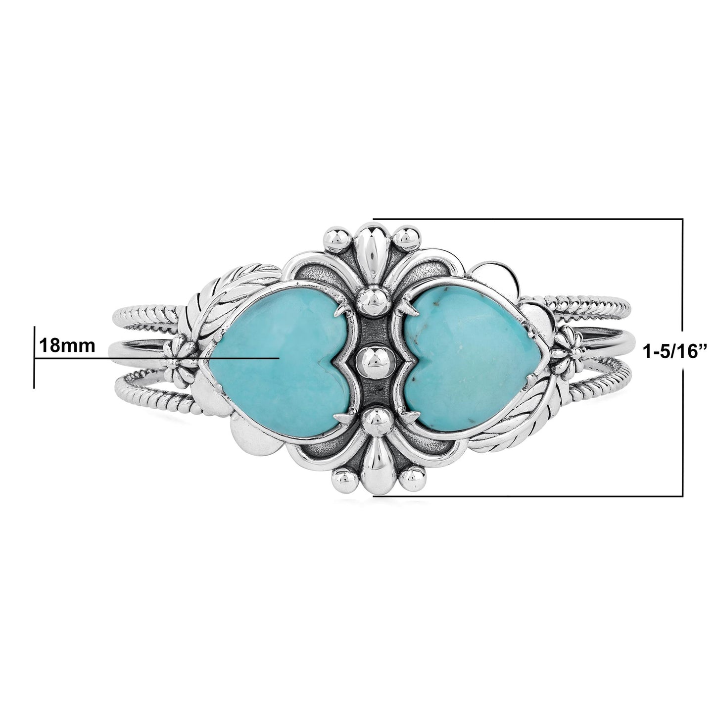 EXCLUSIVELY OURS! Sterling Silver Kingman Turquoise Double Heart Cuff Bracelet, Sizes Small to Large