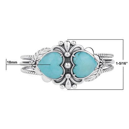EXCLUSIVELY OURS! Sterling Silver Kingman Turquoise Double Heart Cuff Bracelet, Sizes Small to Large