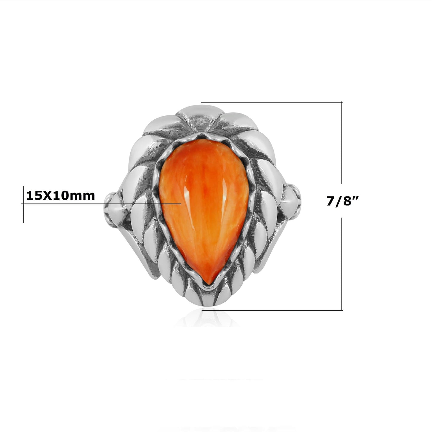 Sterling Silver Orange Spiny Oyster Pear Cut Rope Ring