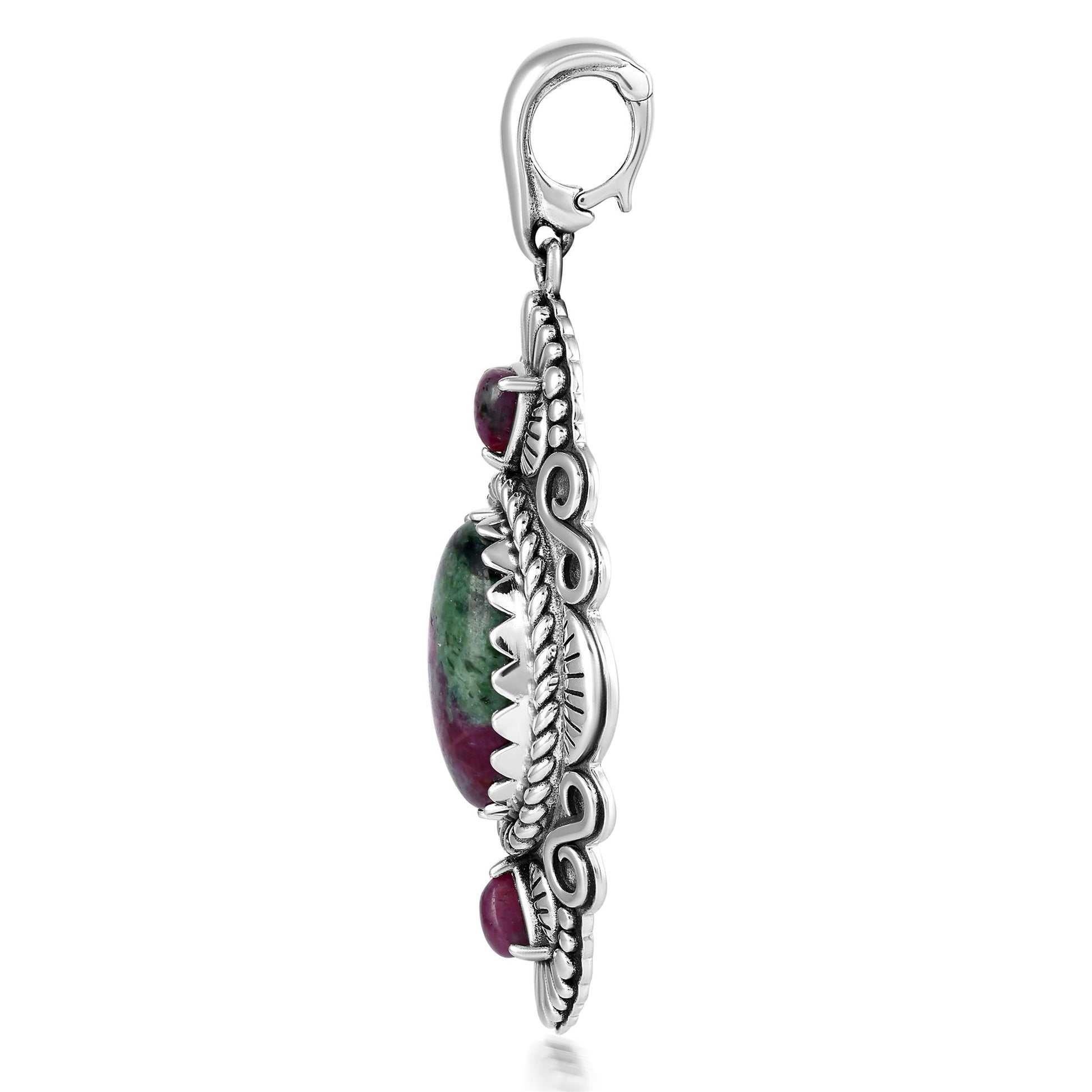 Sterling Silver Ruby Zoisite Oval and Trillion Gemstone Rope Pendant Enhancer 