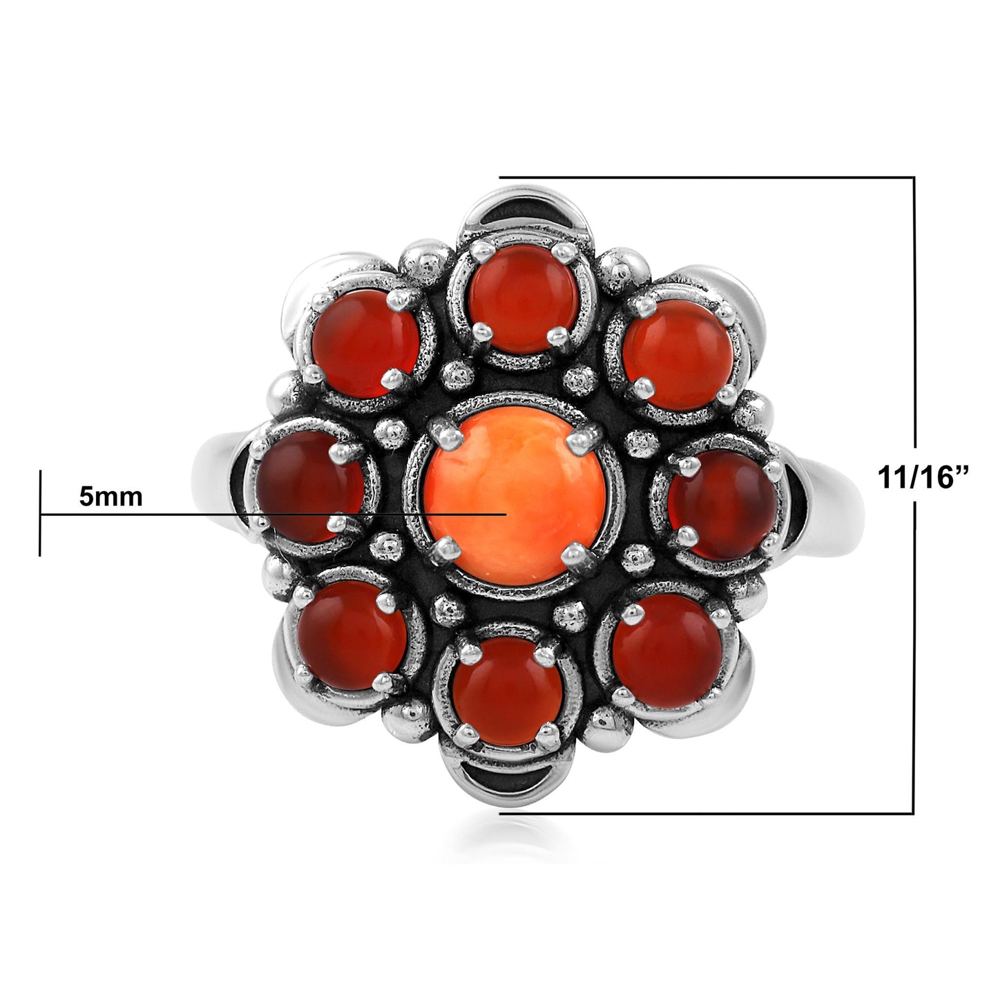 Sterling Silver Orange Spiny Oyster and Red Onyx Round Cut Flower Cluster Ring