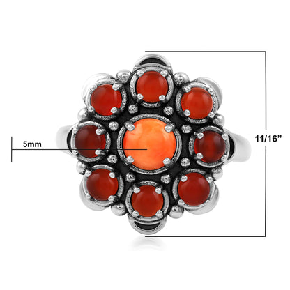 Sterling Silver Orange Spiny Oyster and Red Onyx Round Cut Flower Cluster Ring