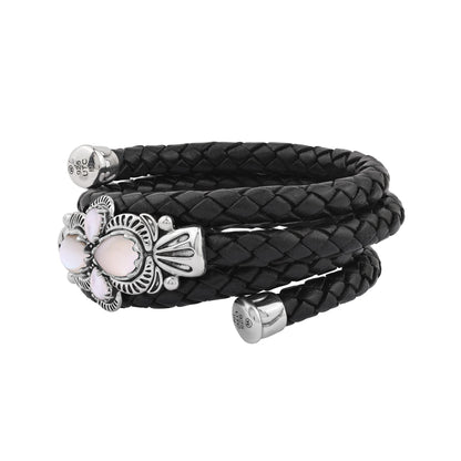  Sterling Silver White Mother of Pearl Pear Cluster Black Leather Wrap Bracelet 