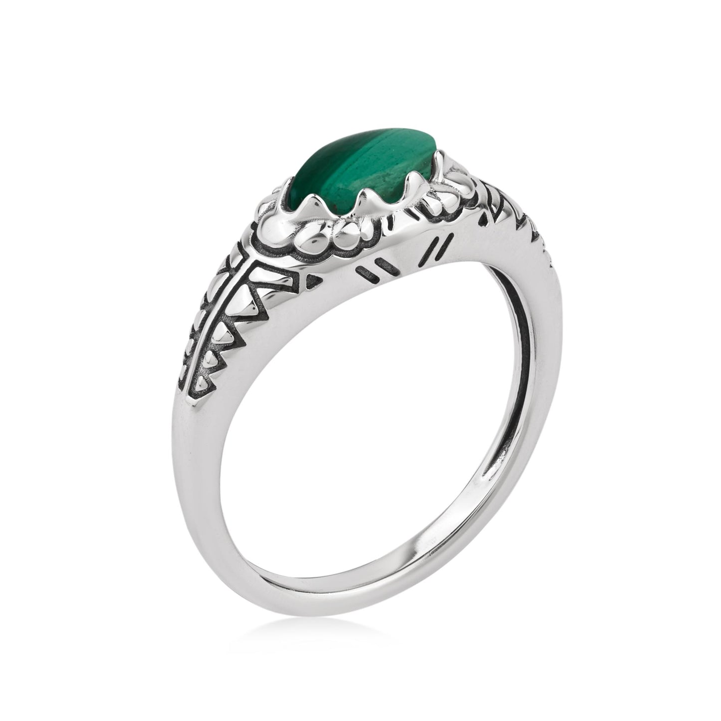  Sterling Silver Malachite Marquise-Cut Etched Ring