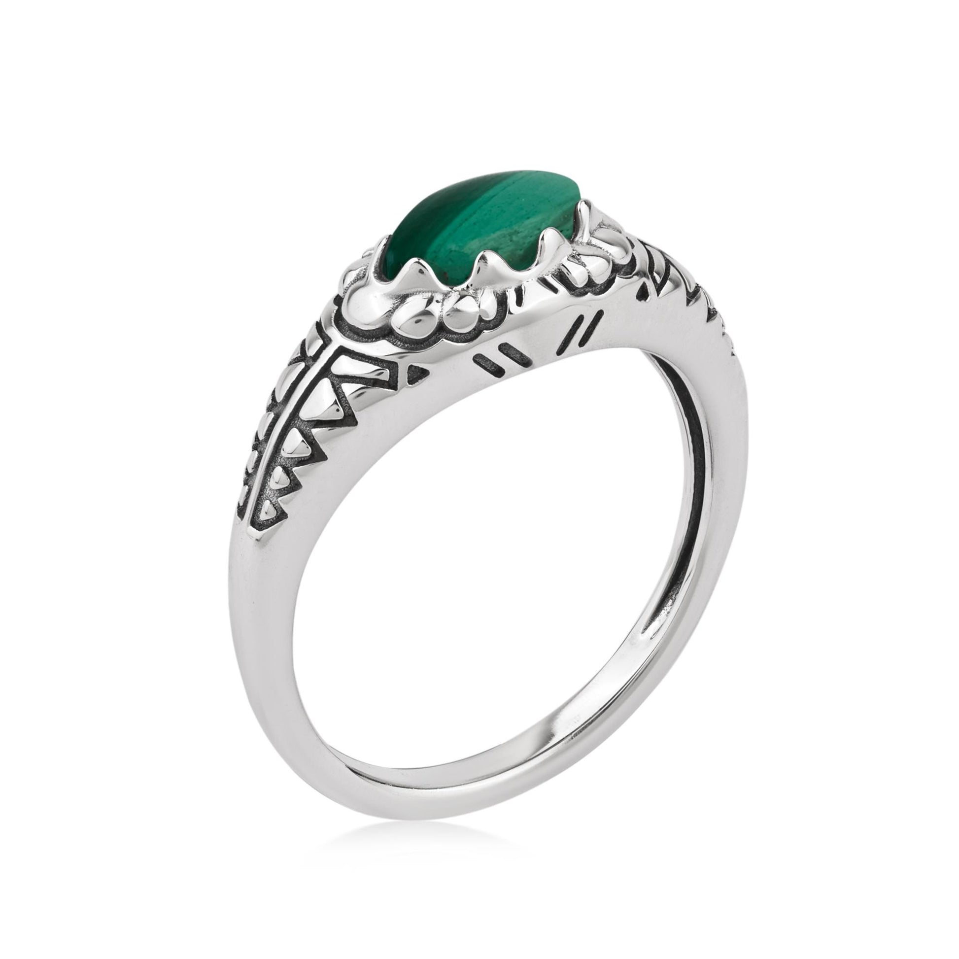  Sterling Silver Malachite Marquise-Cut Etched Ring