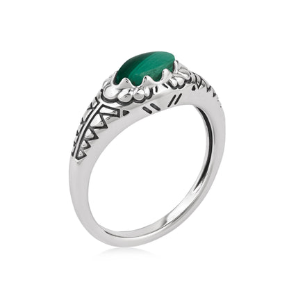  Sterling Silver Malachite Marquise-Cut Etched Ring