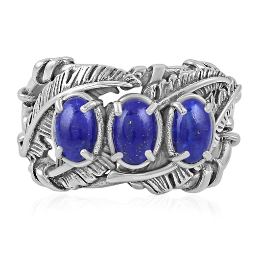 Sterling Silver Lapis Three Stone Feather Ring