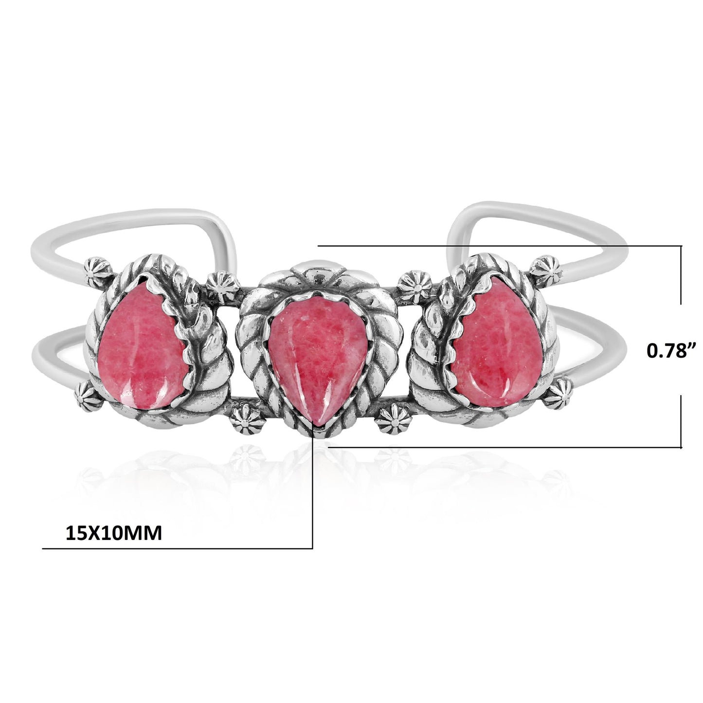 Sterling Silver Rhodonite Pear Cut Rope Design Cuff Bracelet