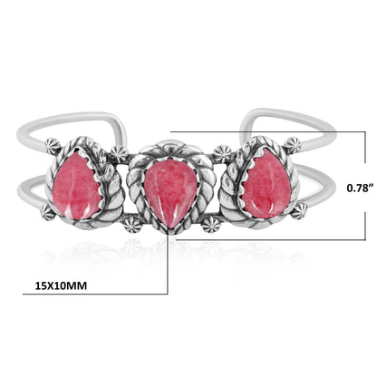Sterling Silver Rhodonite Pear Cut Rope Design Cuff Bracelet