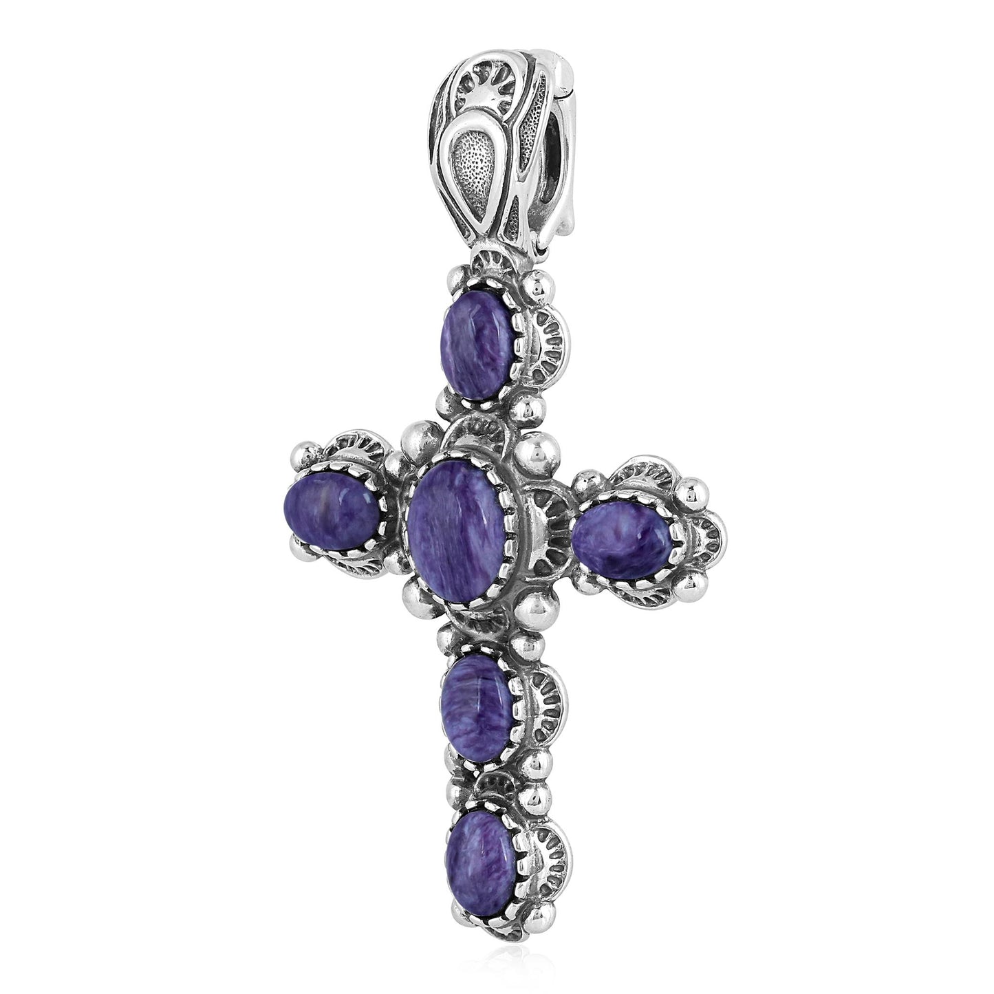 EXCLUSIVELY OURS! Sterling Silver Charoite Cross Design Pendant Enhancer