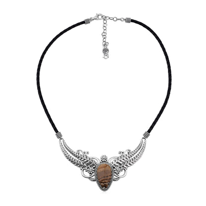 Sterling Silver Picture Jasper Vine and Leaf Leather Necklace, 17 to 20 Inches