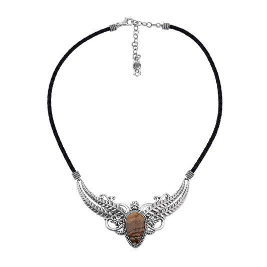 Sterling Silver Picture Jasper Vine and Leaf Leather Necklace, 17 to 20 Inches