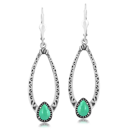 Sterling Silver Green Turquoise Pear-Cut Long Oval Lever Back Dangle Earrings