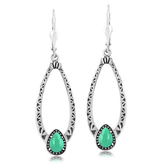 Sterling Silver Green Turquoise Pear-Cut Long Oval Lever Back Dangle Earrings