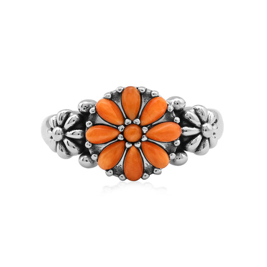 Sterling Silver Orange Spiny Oyster Concha Flower Ring