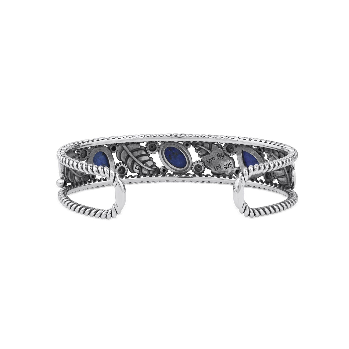 Sterling Silver Lapis Oval and Pear Leaf Cuff Bracelet, Sizes Small to Large