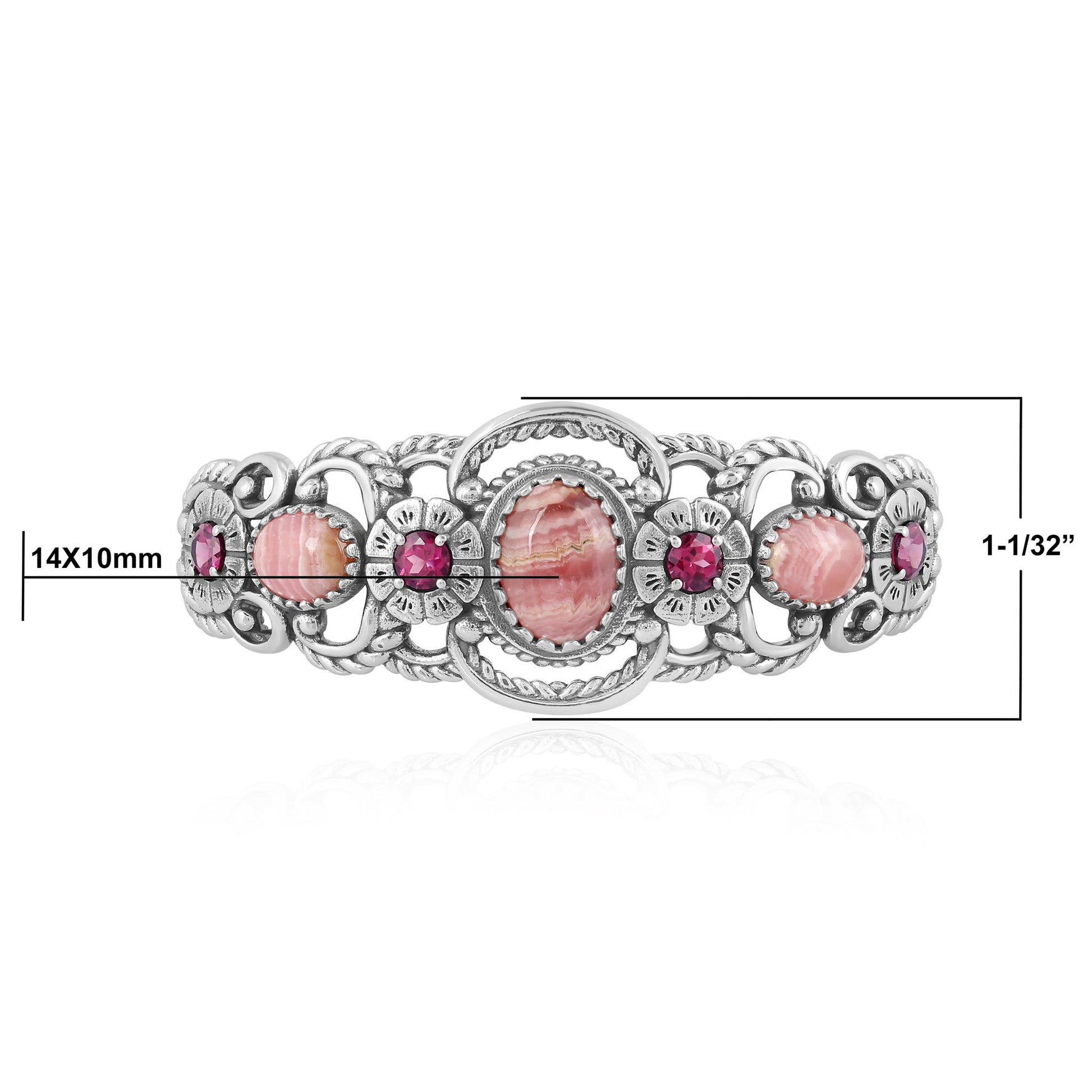 Sterling Silver Rhodochrosite and Rhodolite Garnet Desert Bloom Cuff Bracelet