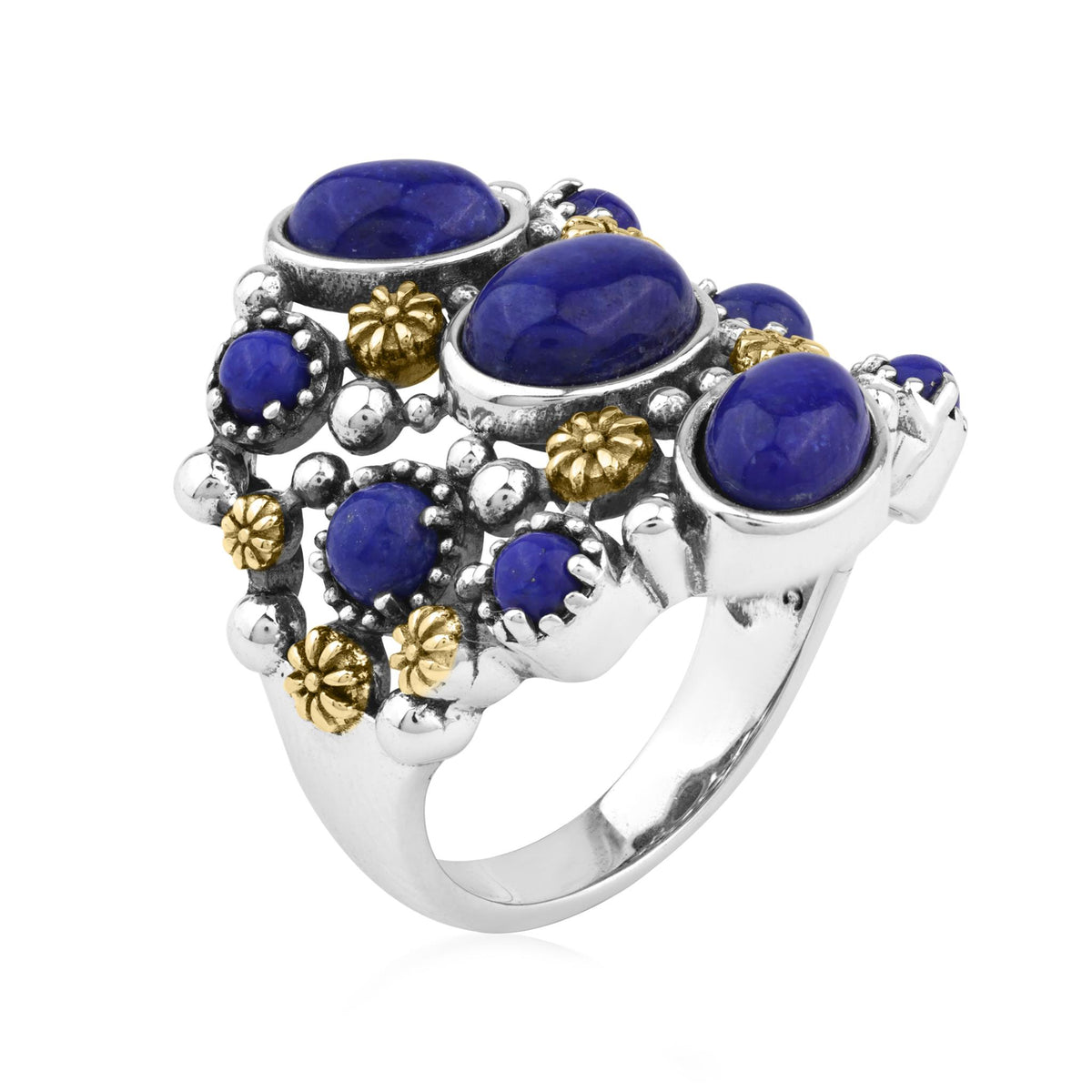 Sterling Silver Lapis Two-Tone 9 Gemstone Concha Ring, Sizes 5 to 10