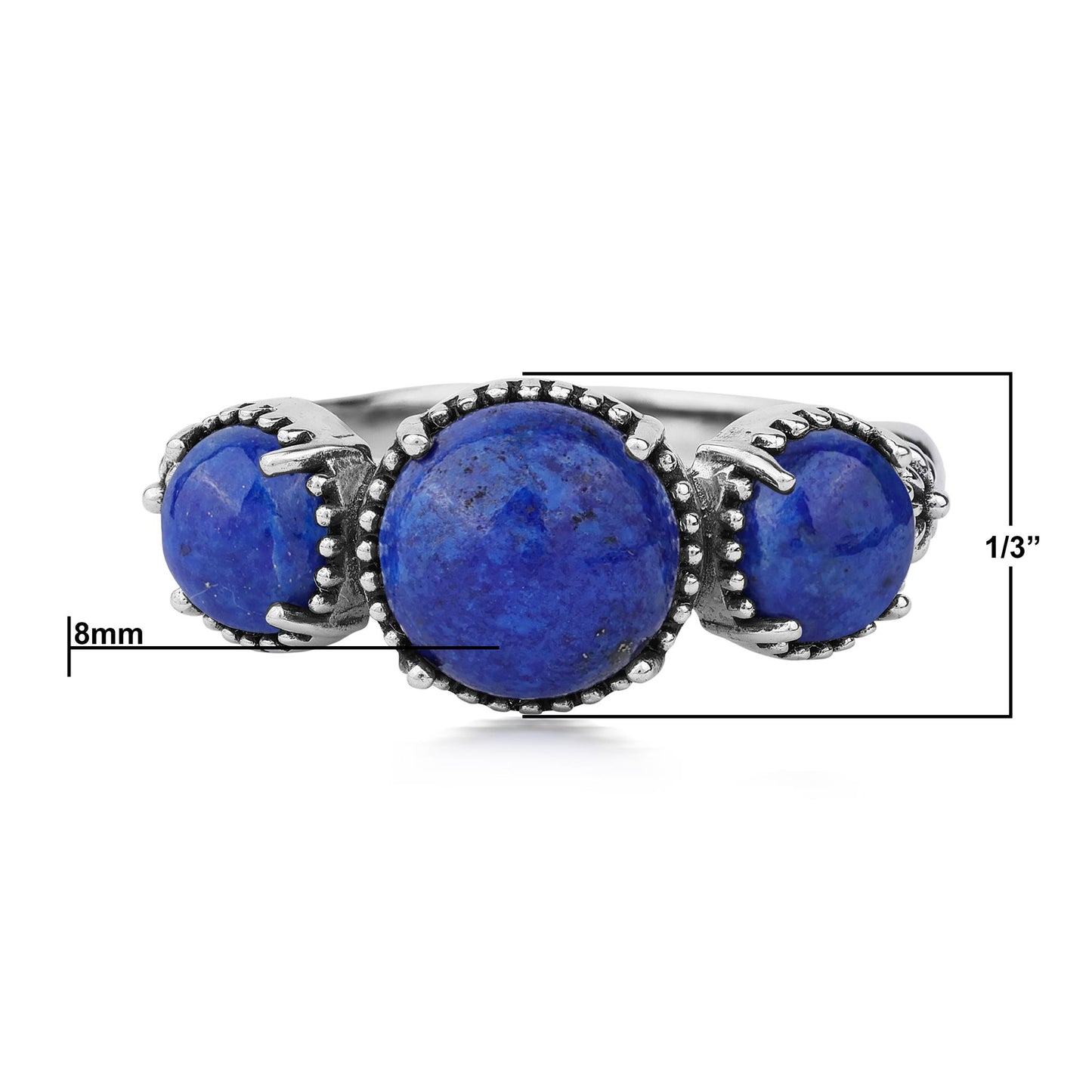 Sterling Silver Lapis Oval 3 Stone Concha and Bead Ring