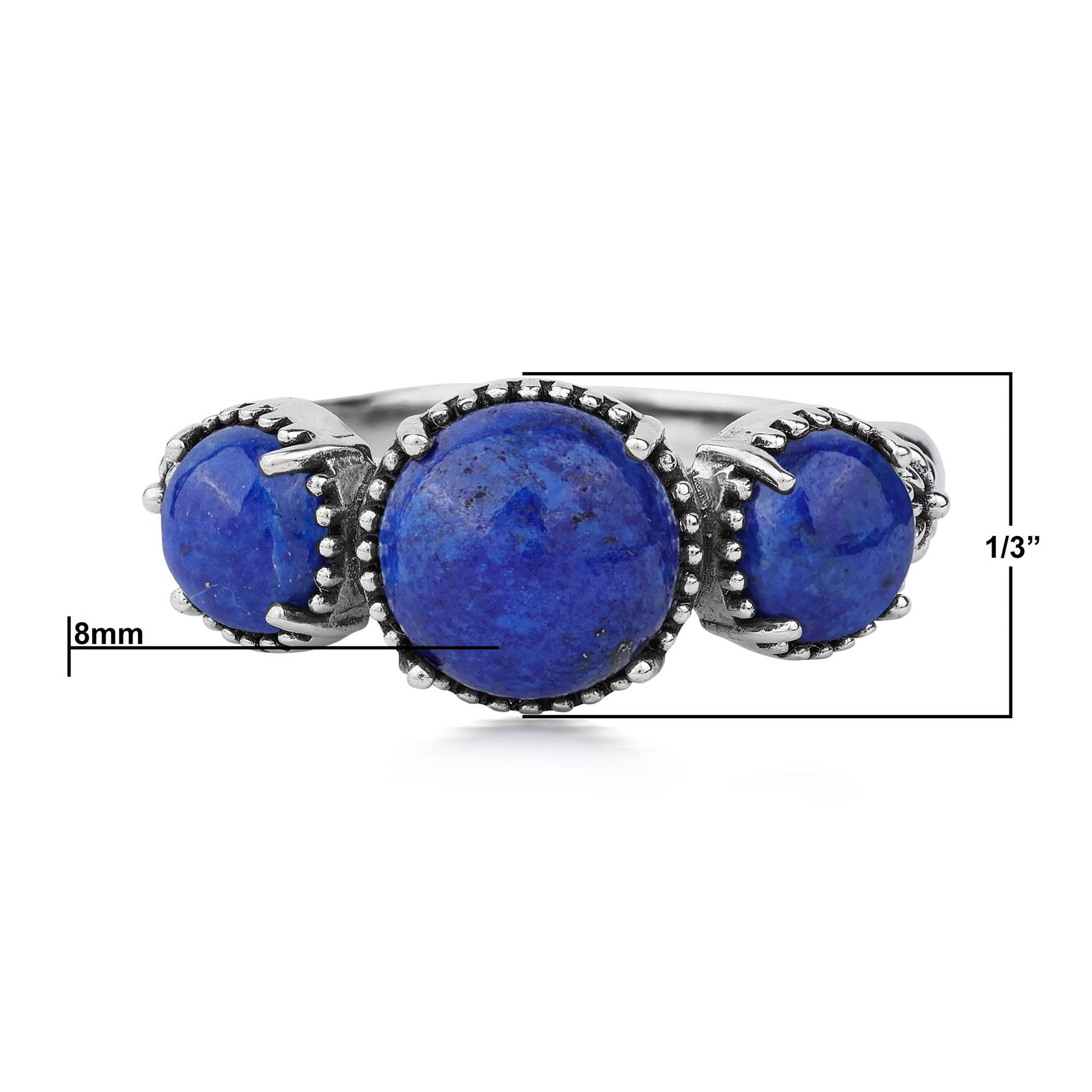 Sterling Silver Lapis Oval 3 Stone Concha and Bead Ring