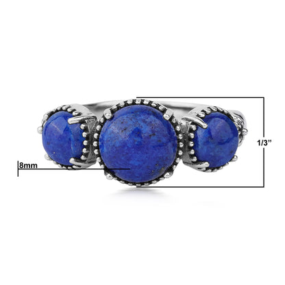 Sterling Silver Lapis Oval 3 Stone Concha and Bead Ring