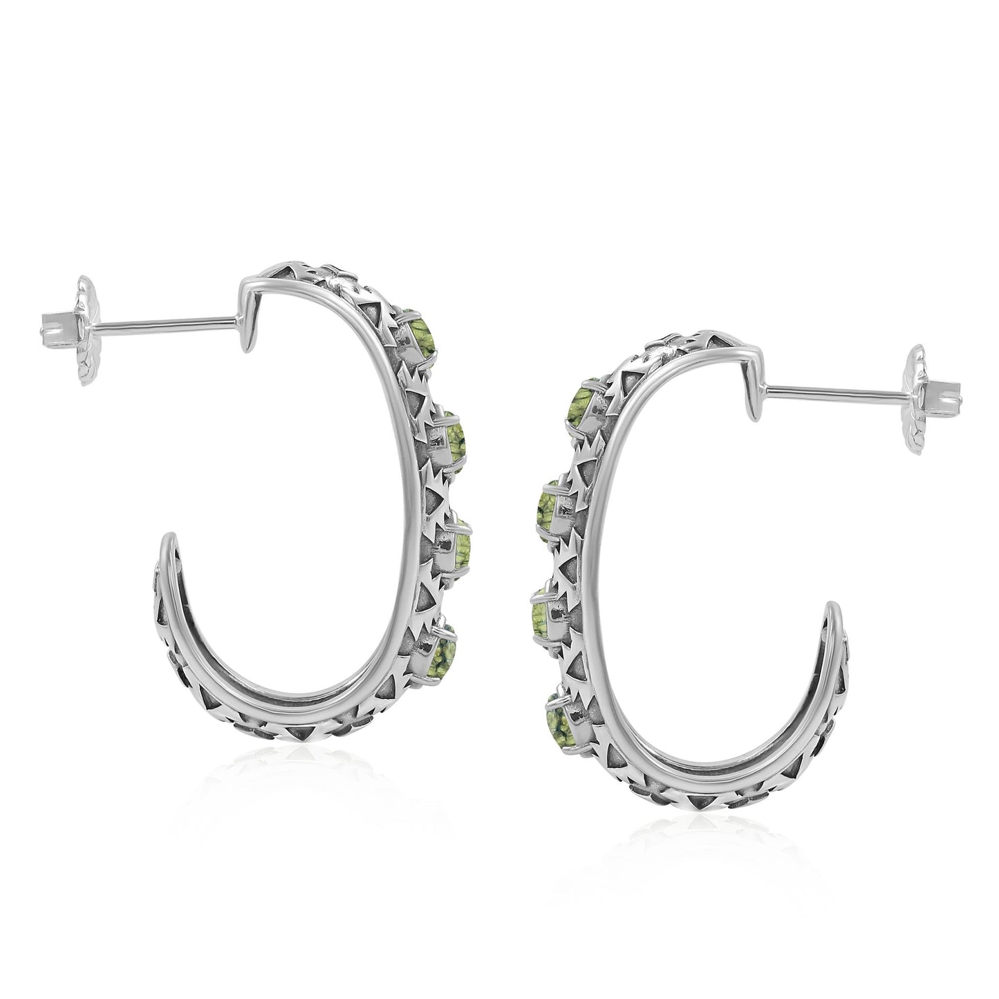 Sterling Silver Green Serpentine Patterned J-Hoop 1 Inch Earrings 