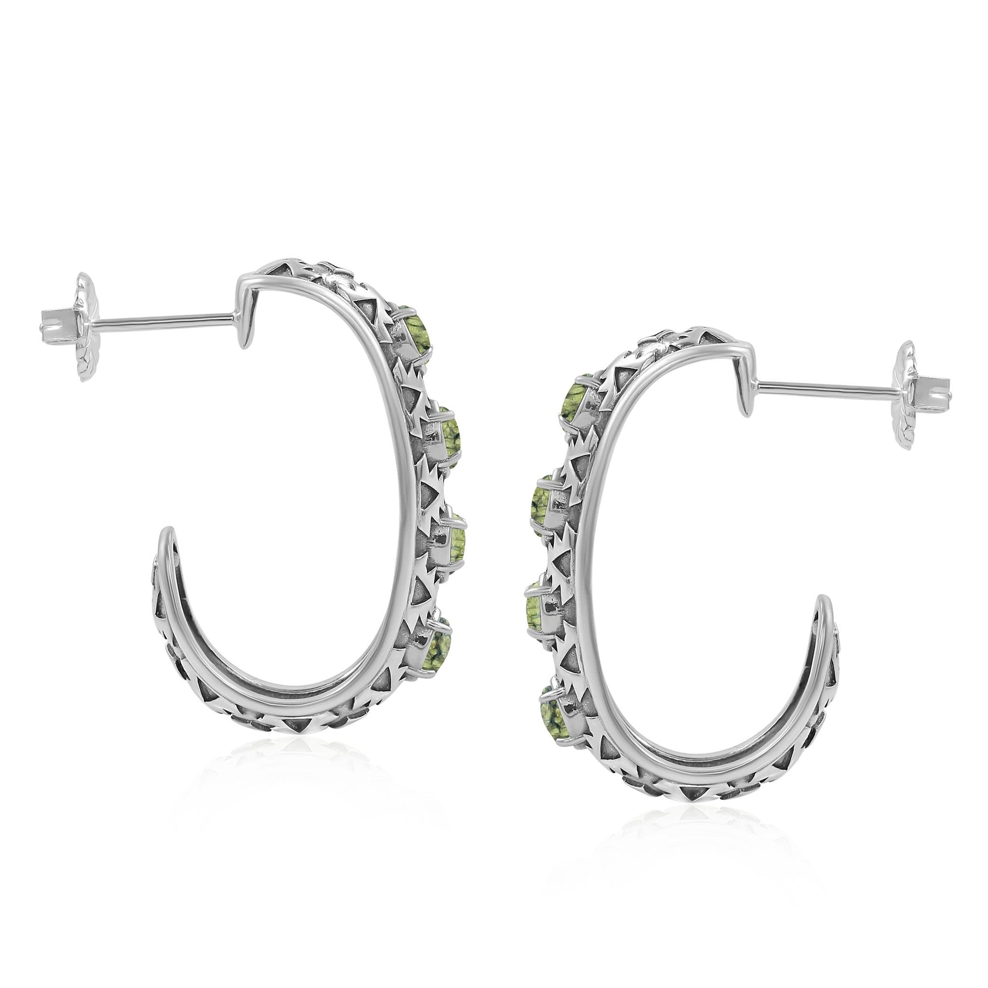 Sterling Silver Green Serpentine Patterned J-Hoop 1 Inch Earrings 