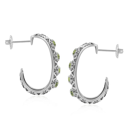 Sterling Silver Green Serpentine Patterned J-Hoop 1 Inch Earrings 
