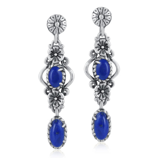 Sterling Silver Lapis Gemstone Floral Dangle Earrings