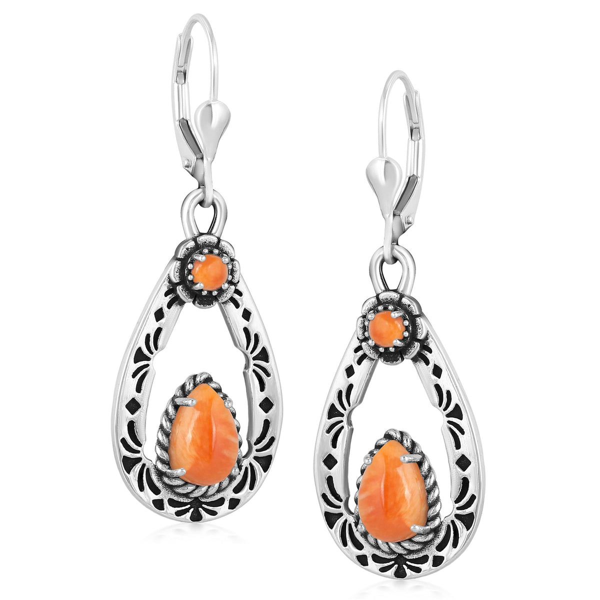 Sterling Silver Orange Spiny Oyster Teardrop Dangle Earrings