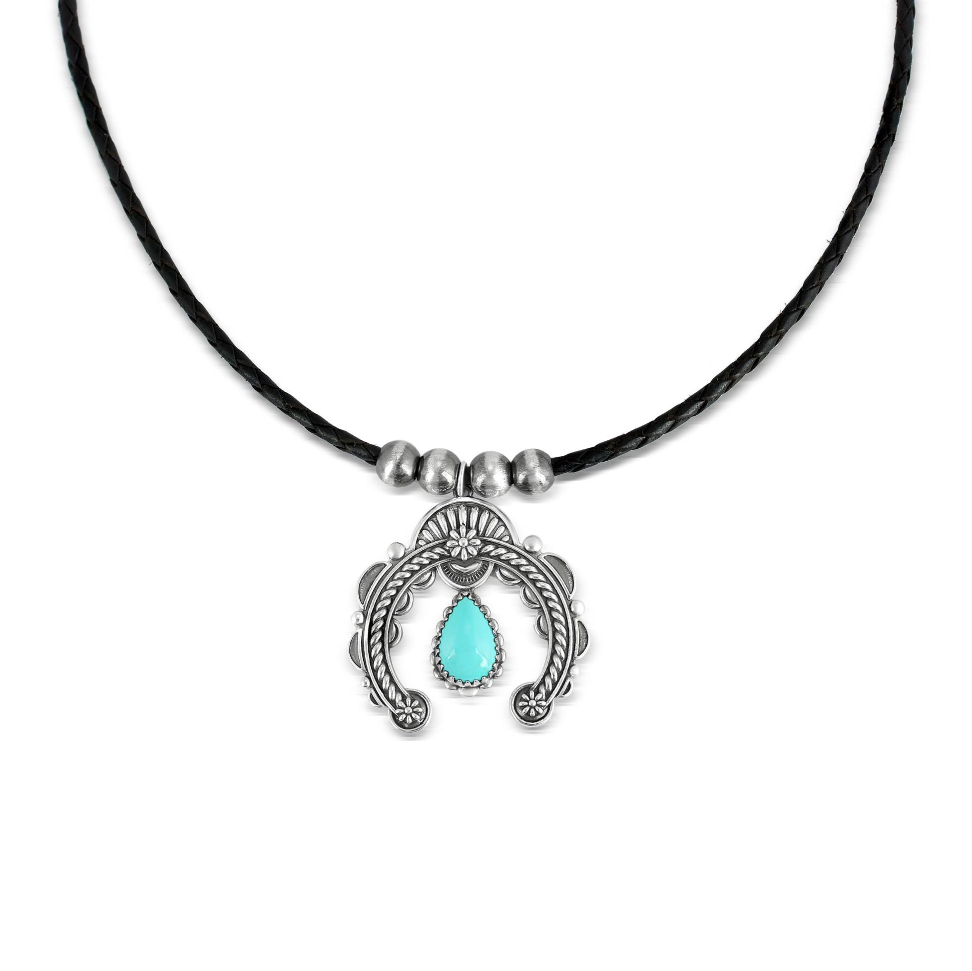 Sterling Silver Blue Turquoise and Black Leather Pear Gemstone