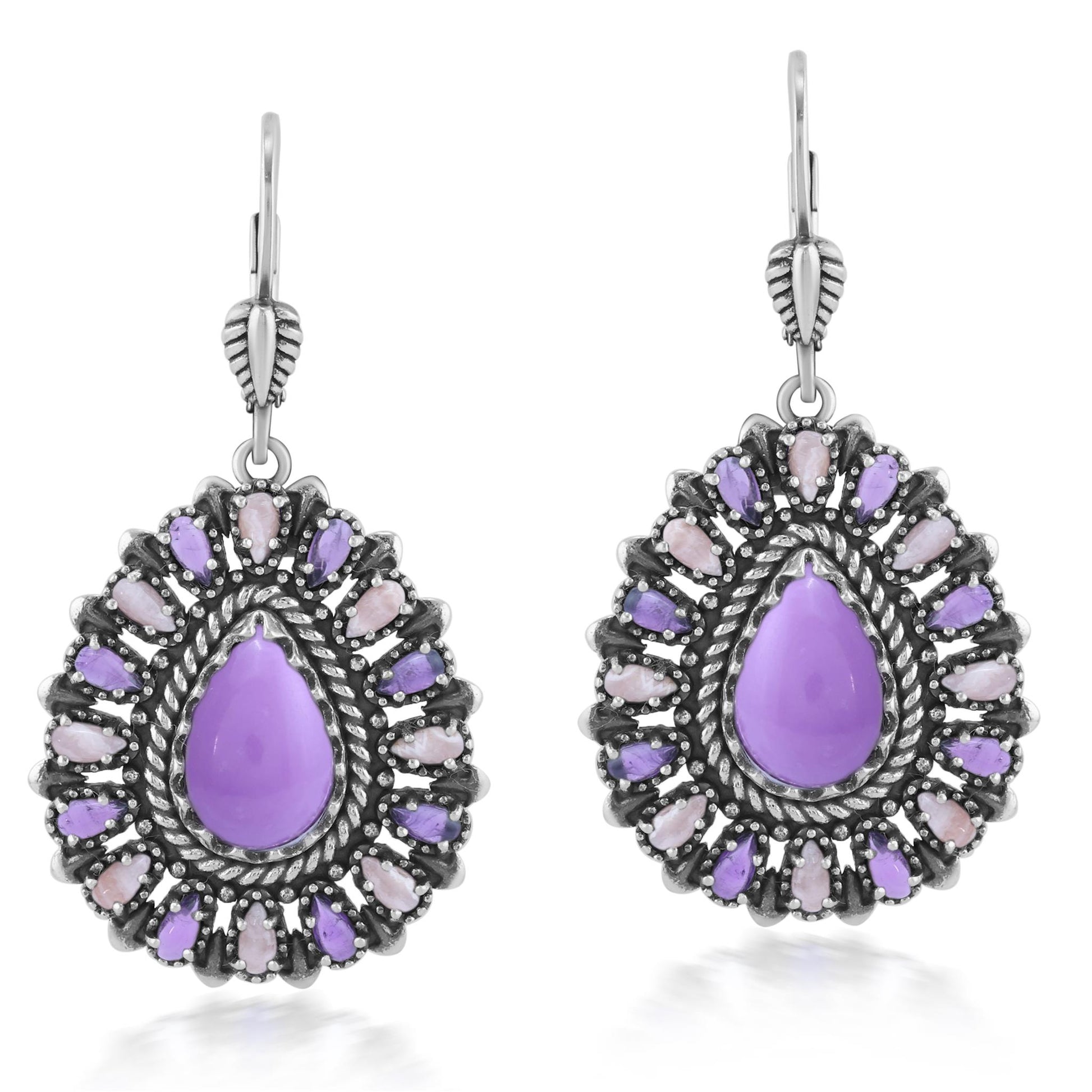 Sterling Silver Phosphosiderite, Rhodochrosite, and Amethyst Cluster Pear Shaped Dangle Earrings