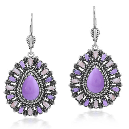 Sterling Silver Phosphosiderite, Rhodochrosite, and Amethyst Cluster Pear Shaped Dangle Earrings