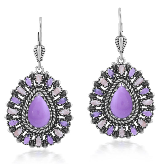 Sterling Silver Phosphosiderite, Rhodochrosite, and Amethyst Cluster Pear Shaped Dangle Earrings
