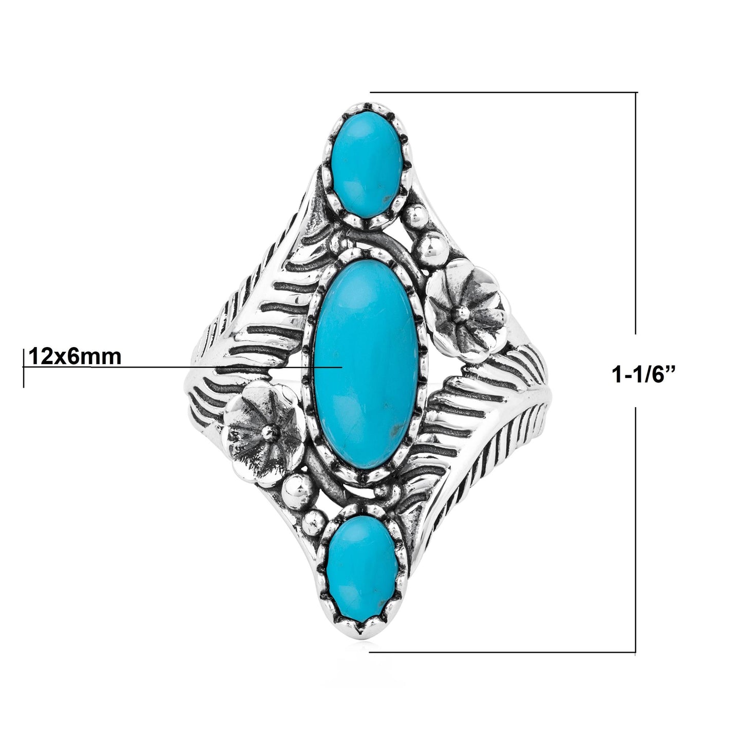 Sterling Silver Kingman Turquoise Oval Leaf and Vine Ring