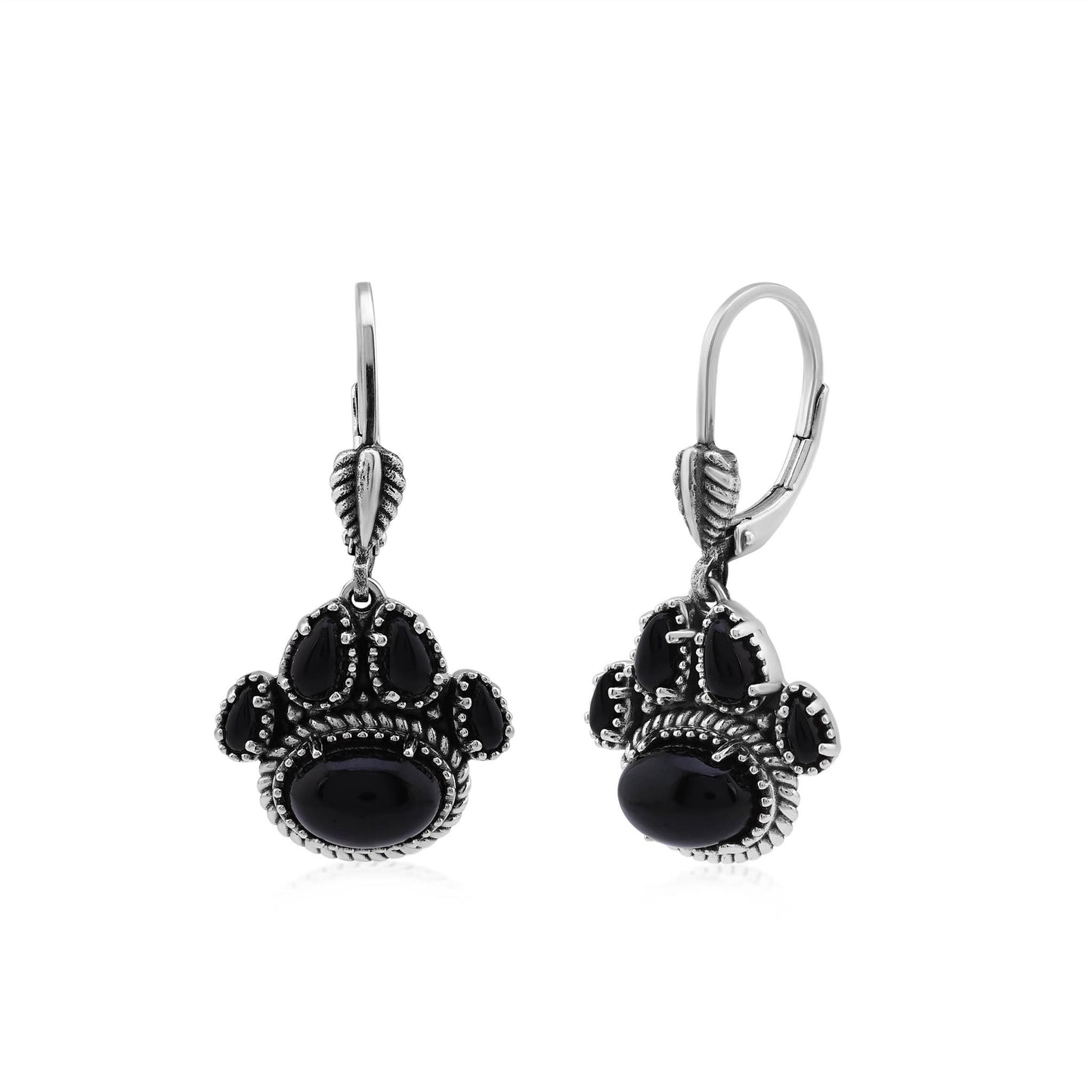 Sterling Silver Black Onyx Pawprint Lever Back Earrings