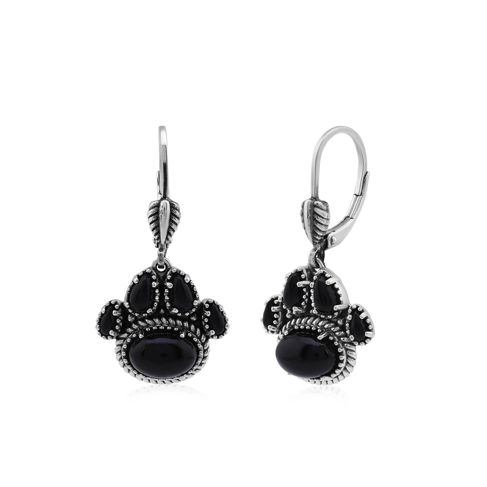 Sterling Silver Black Onyx Pawprint Lever Back Earrings