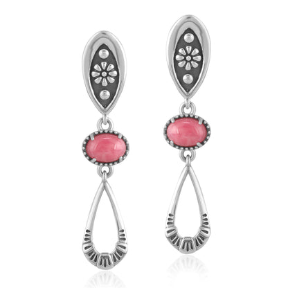 Sterling Silver Rhodonite Teardrop Double Loop Gemstone Earrings 