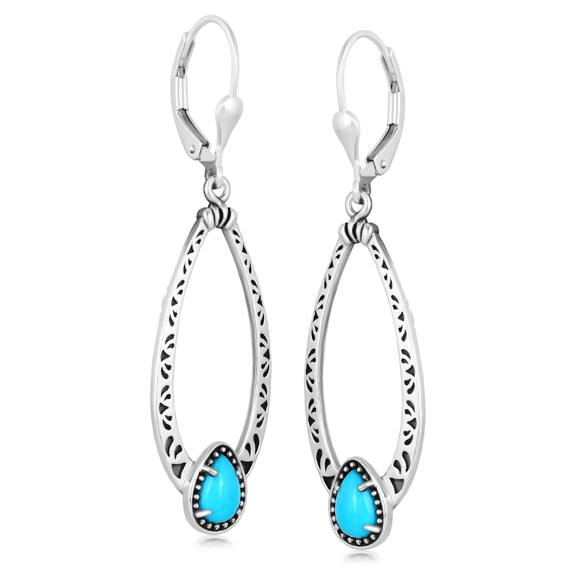 Sterling Silver Turquoise Pear-Cut Long Oval Lever Back Dangle Earrings