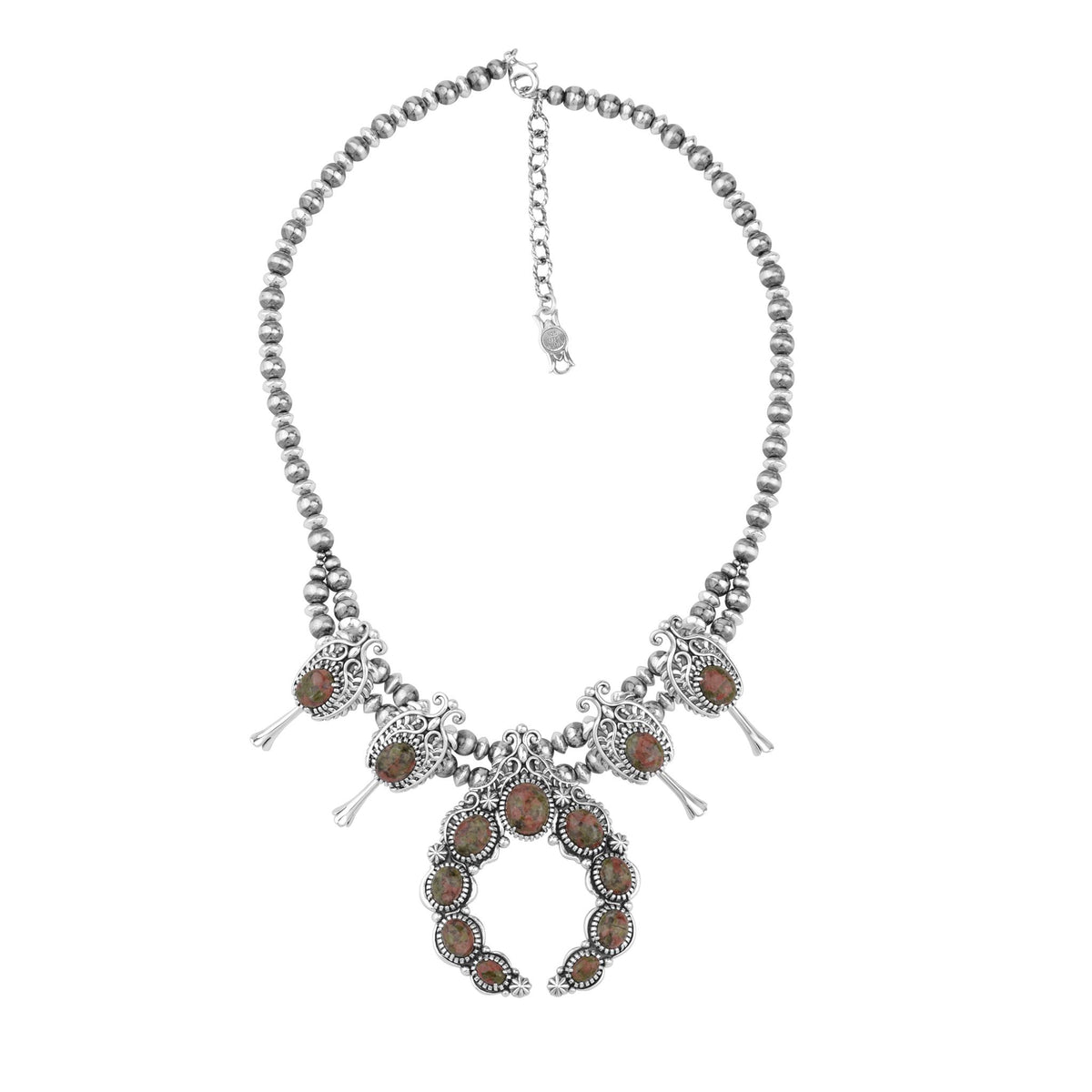 Sterling Silver Unakite Leaf and Vine Squash Blossom Necklace, 18 to 21 Inches